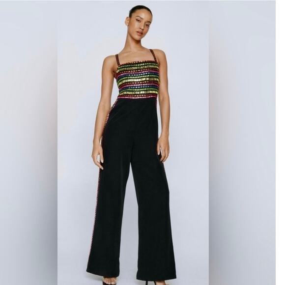 Nasty Gal Premium Black Multi Color Gem Hand Embellished Jumpsuit NWT US Size 14 - Picture 1 of 12